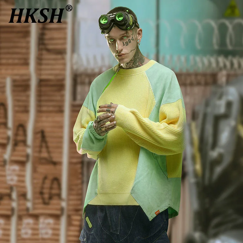 HKSH Men's Tide Niche Design Punk Streetwear Sweater Loose Round Collar Pullover Color Contrast Combination Autumn Winter HK1151