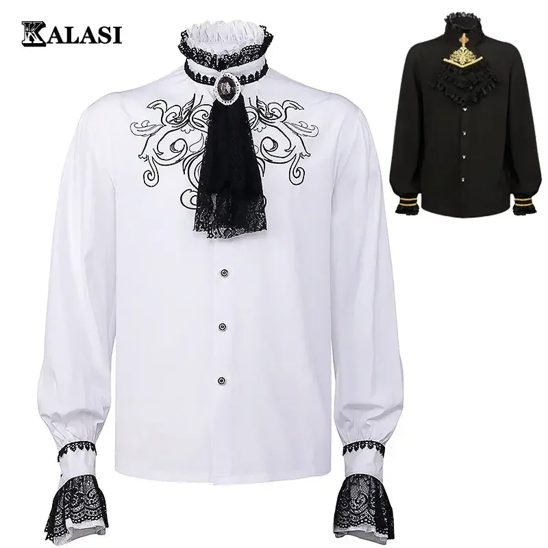 

Men Medieval Renaissance White Vintage Shirts Victorian Noble Prince Gentleman Cosplay Costume Embroidered Lace Patchwork Tops