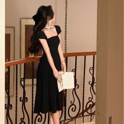 2023 French Elegant Women White Wedding Party Dress Vintage Square Collar Robe Female Sundress Retro Black Evening Dress Vestido