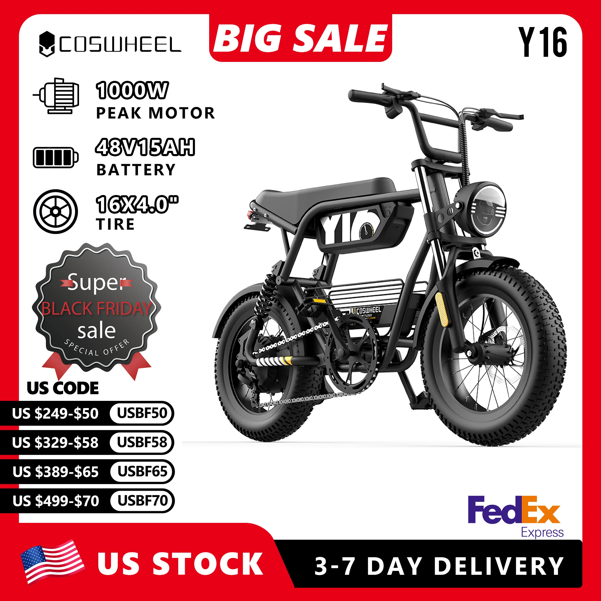 

COSWHEEL Electric Bicycle Y16 PEAK 1000W Motor 48V 15AH Battery Adult Electric Bike Fat Tire Commuting Mountain Off-Road E-Bike