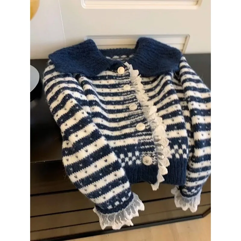 

Vintage Striped Knitted Cardigan Women Harajuku Cropped Sweater Outerwears Korean Lace Patchwork Knitwears Autumn Winter Jumpers