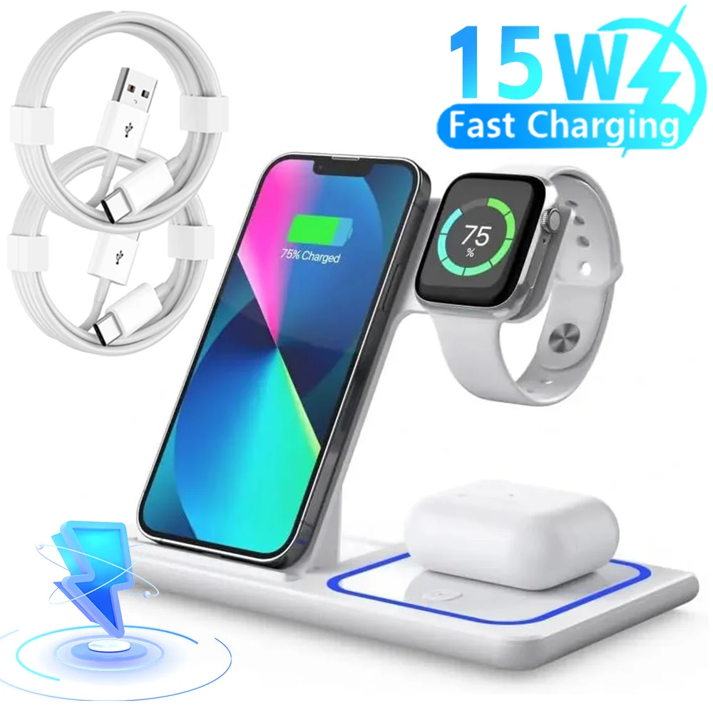 

3в1 15 Вт светодиодная подставка для быстрого беспроводного зарядного устройства, складная зарядная станция с кабелем для передачи данных для IPhone/Apple Watch/Airpods Pro/Samsung