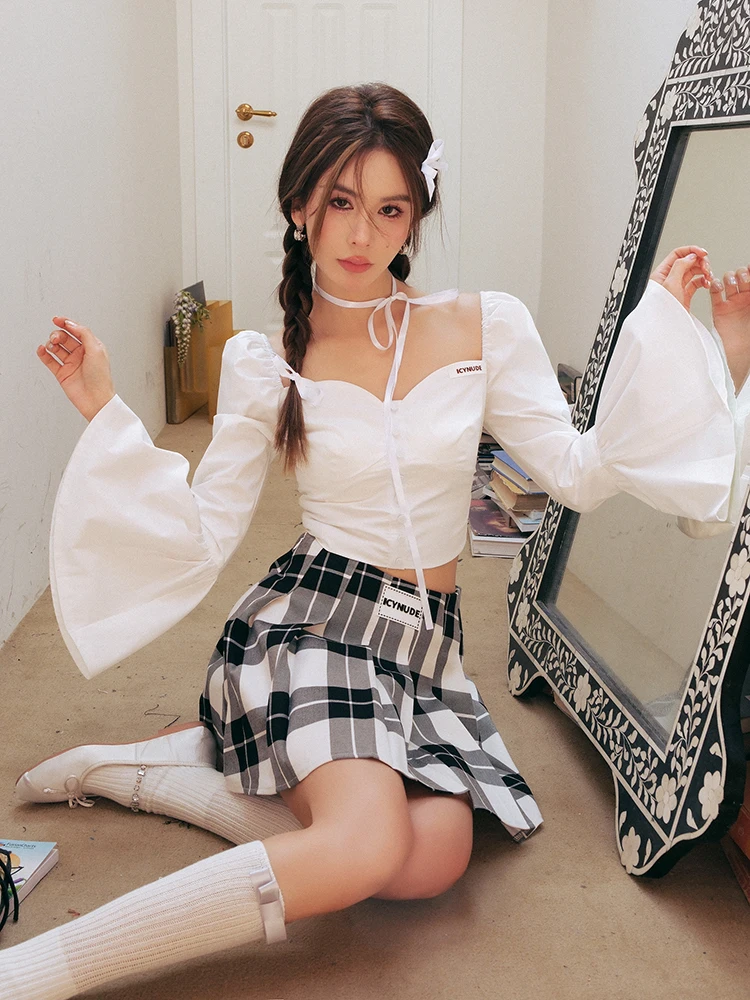 

IcyNude Store Women's White Bell Sve irt ort Sle Spring New Sweet Sle Pure Color Cotton Blend Long Sve Slim Fit