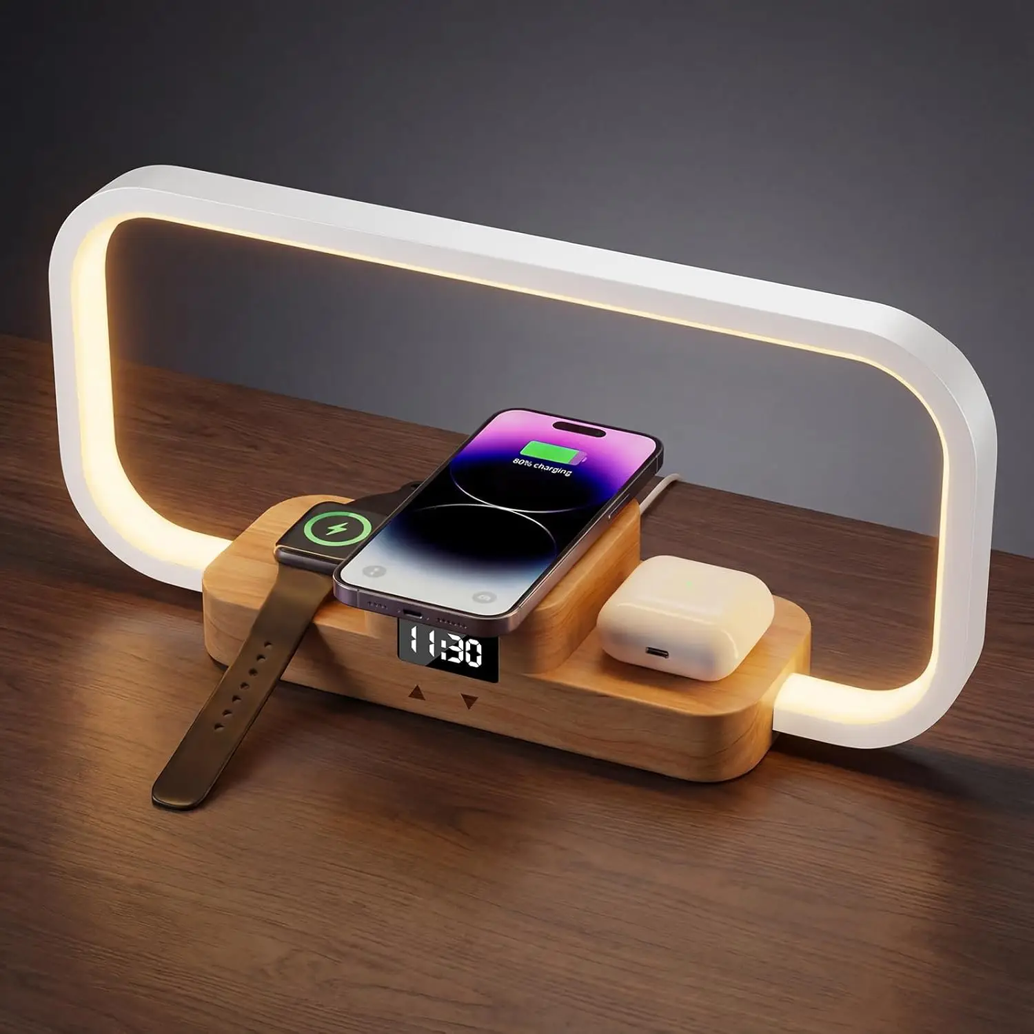 

Беспроводная светодиодная прикроватная лампа с часами, сенсорным управлением и регулировкой яркости, 5 цветовых режимов, современный деревянный дизайн