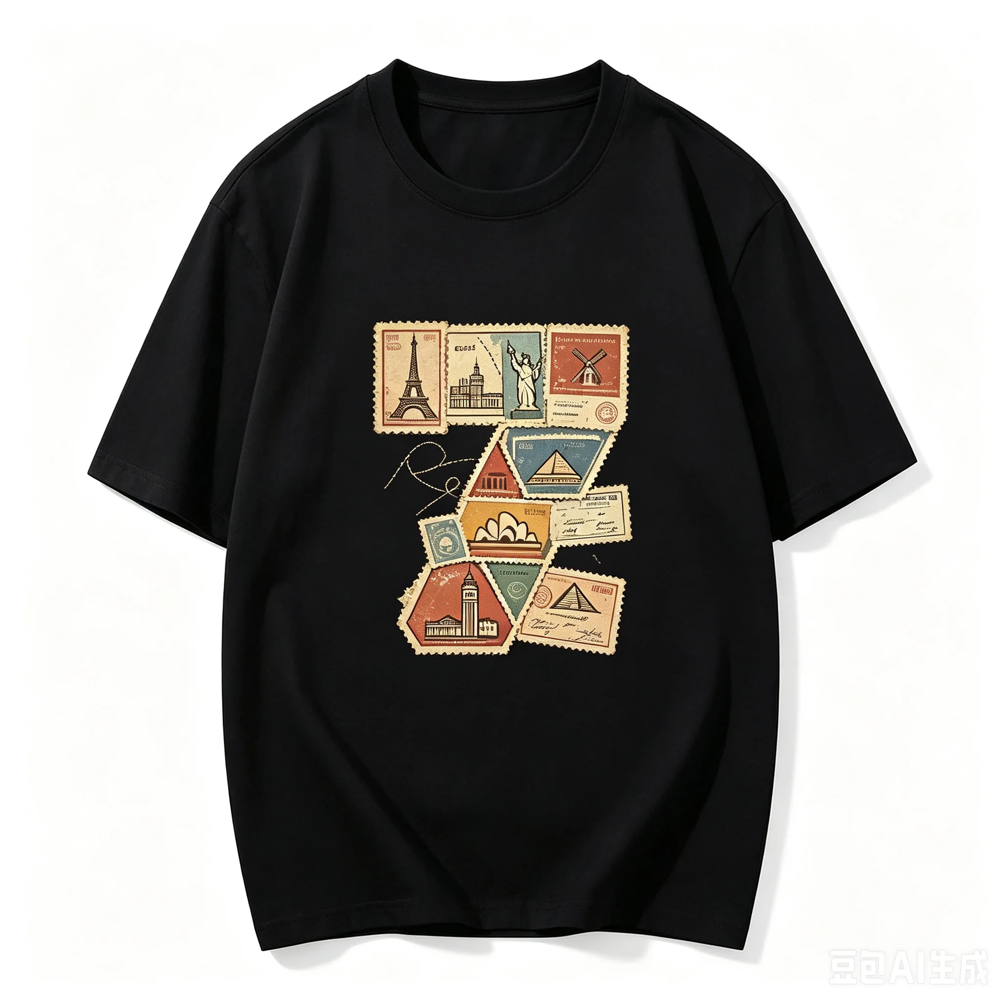 Vintage World Landmark Stamp Number 7 Graphic T Shirt Unisex Travel Lover Crew Neck Short Sleeve Casual Tee