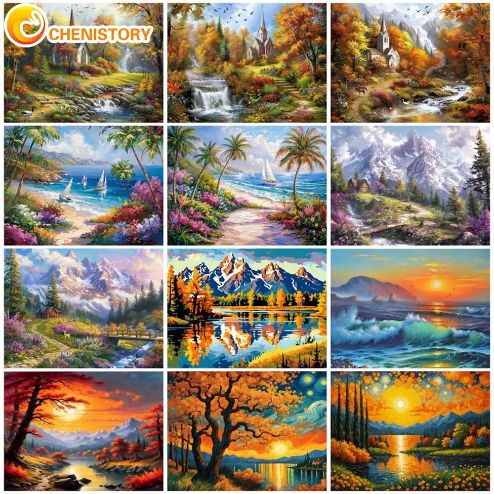 

CHENISTORY Complete Kit Oil Painting By Numbers Hand Painted Landscape Pictures By Number On Canvas Home Decoration DIY Gift