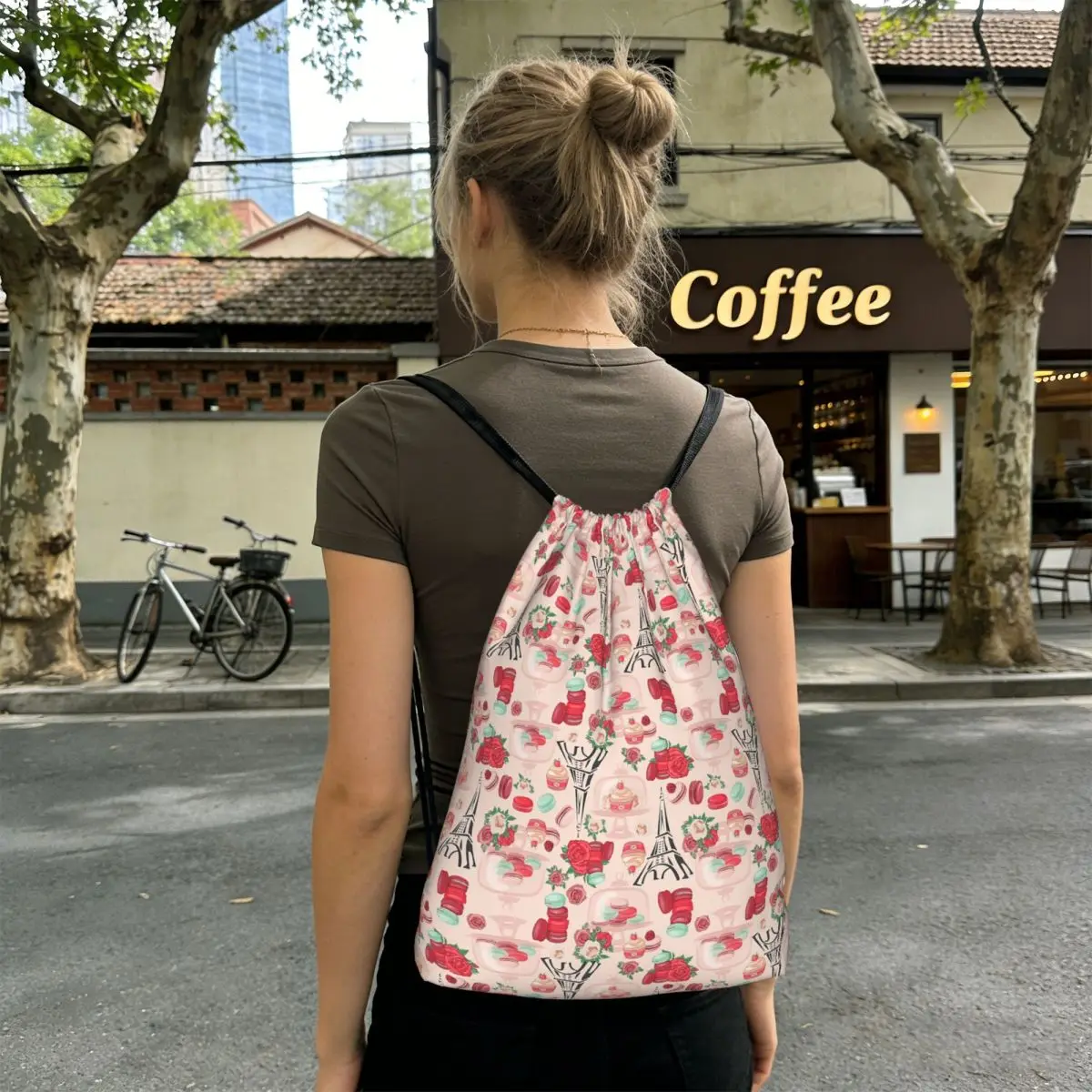 Iron Tower Desserts And Flowers Pattern Backpacks Portable Drawstring Bags Sports Bag Book Bags for Man Woman School