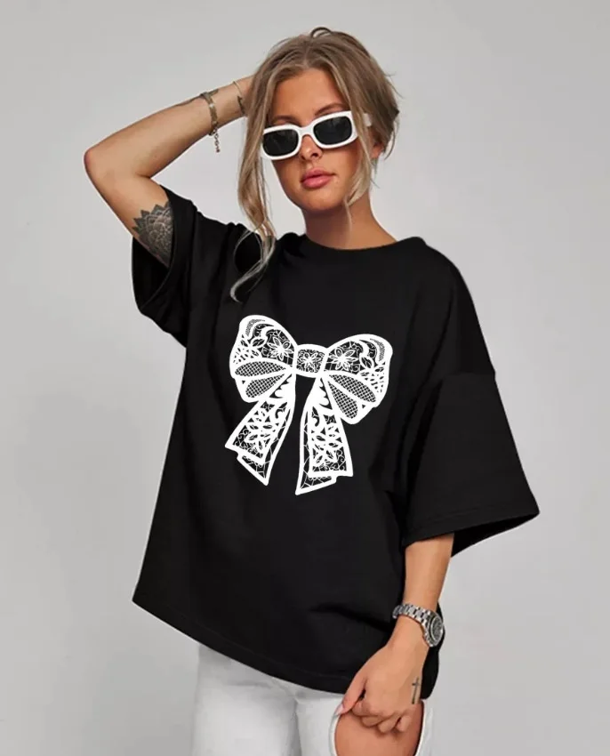 تي شيرت كاجوال فضفاض مطبوع من Faionable برقبة دائرية مع عقدة نسائية من القطن ort Sve ممتص للعرق