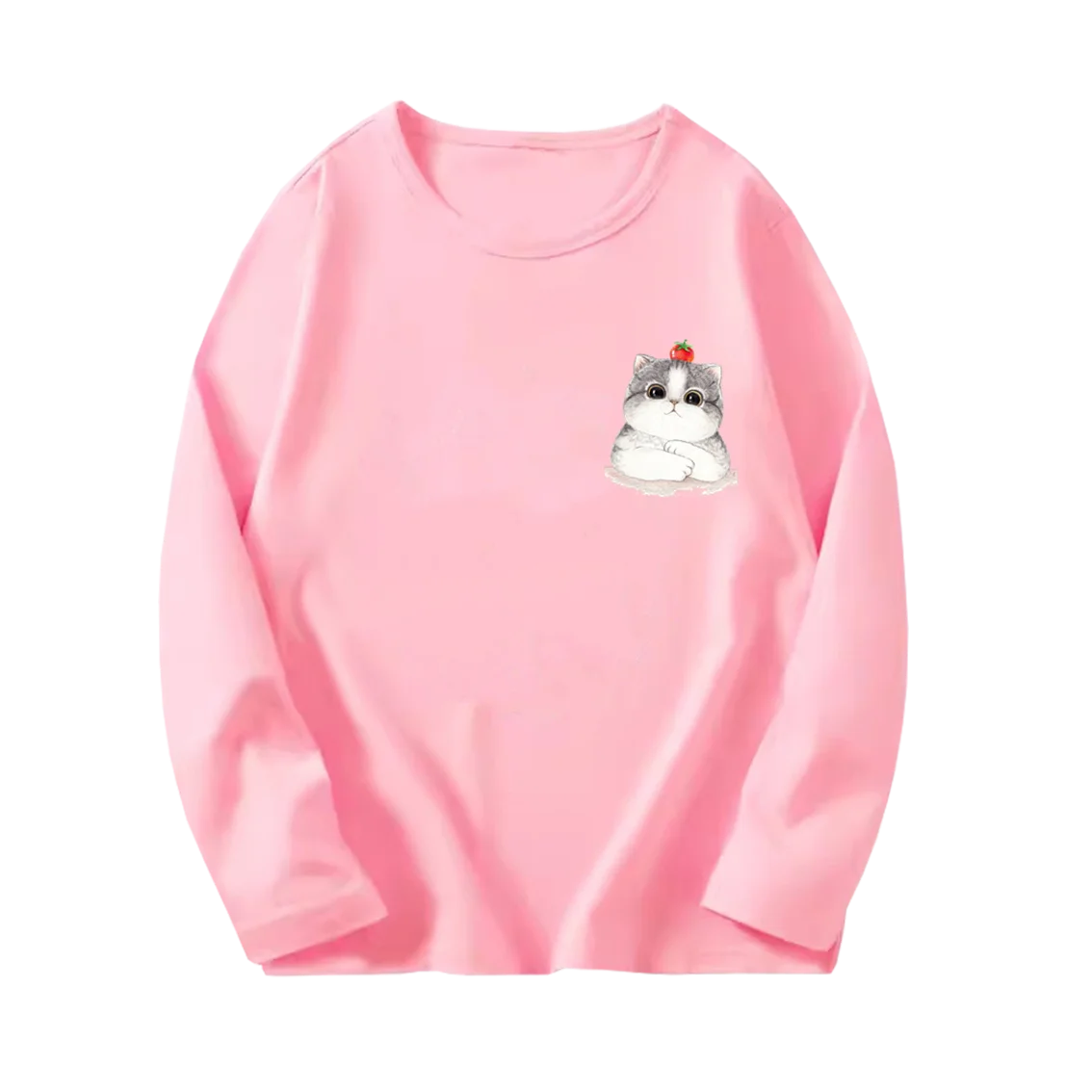 Kids Cute Kitty Long Sleeve T-Shirt Children Cute Strawberry Cat Printed Cotton Tee Shirt 3 to 14 Years Girls Tops