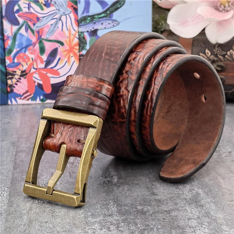 Retro Heavy Brass Belt Buckle Hand Carved Genuine Leather Belt For Men Designer Luxury  Mens Belt Leather Belt Male MBT0620