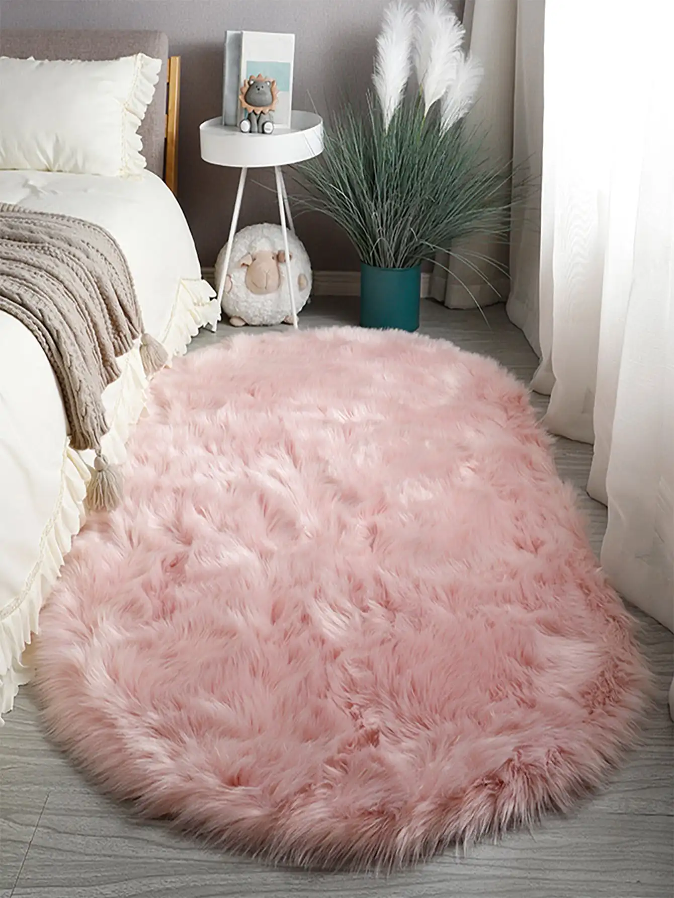 Wool imitation pink oval carpet, cloakroom, household bedside mat, long hair living room carpet