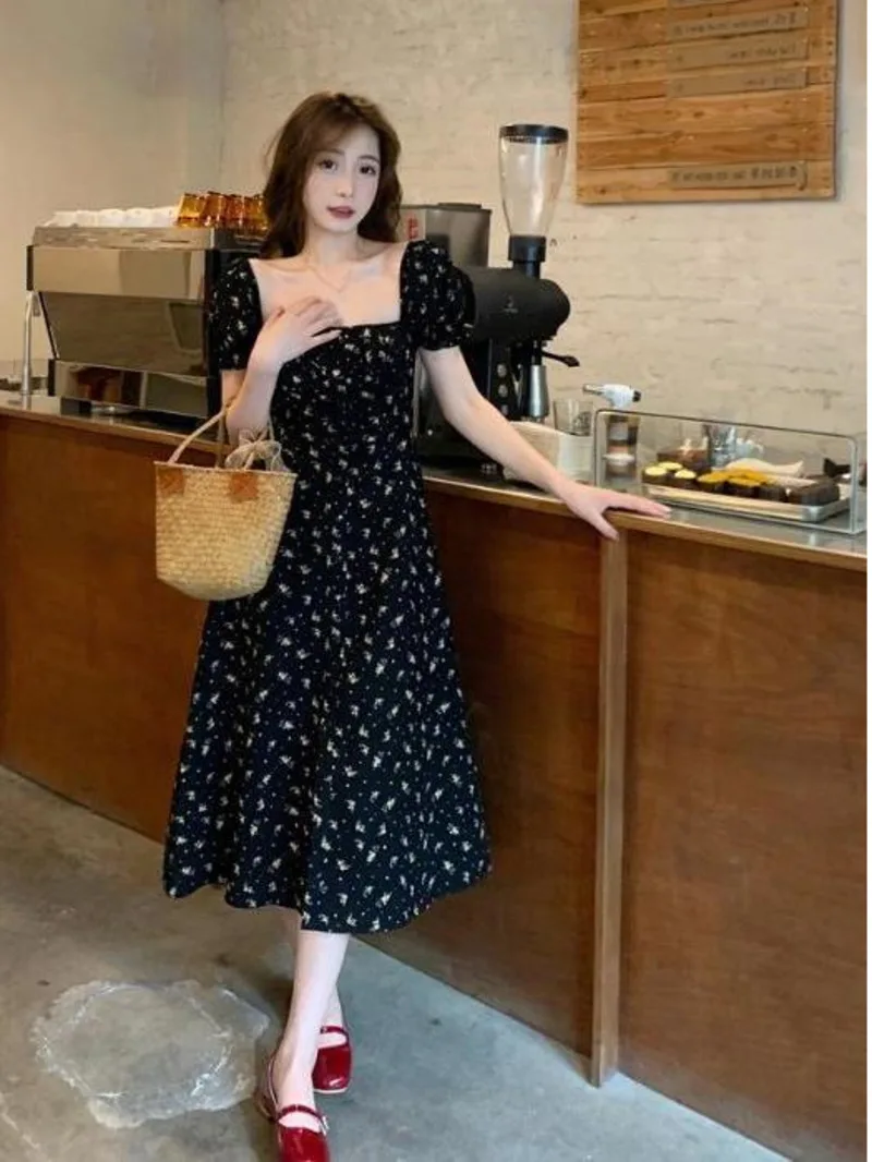 Gentle style niche split floral dress summer femininity 2024 cool and stylish square neck mid length dress slim fit waist R65H