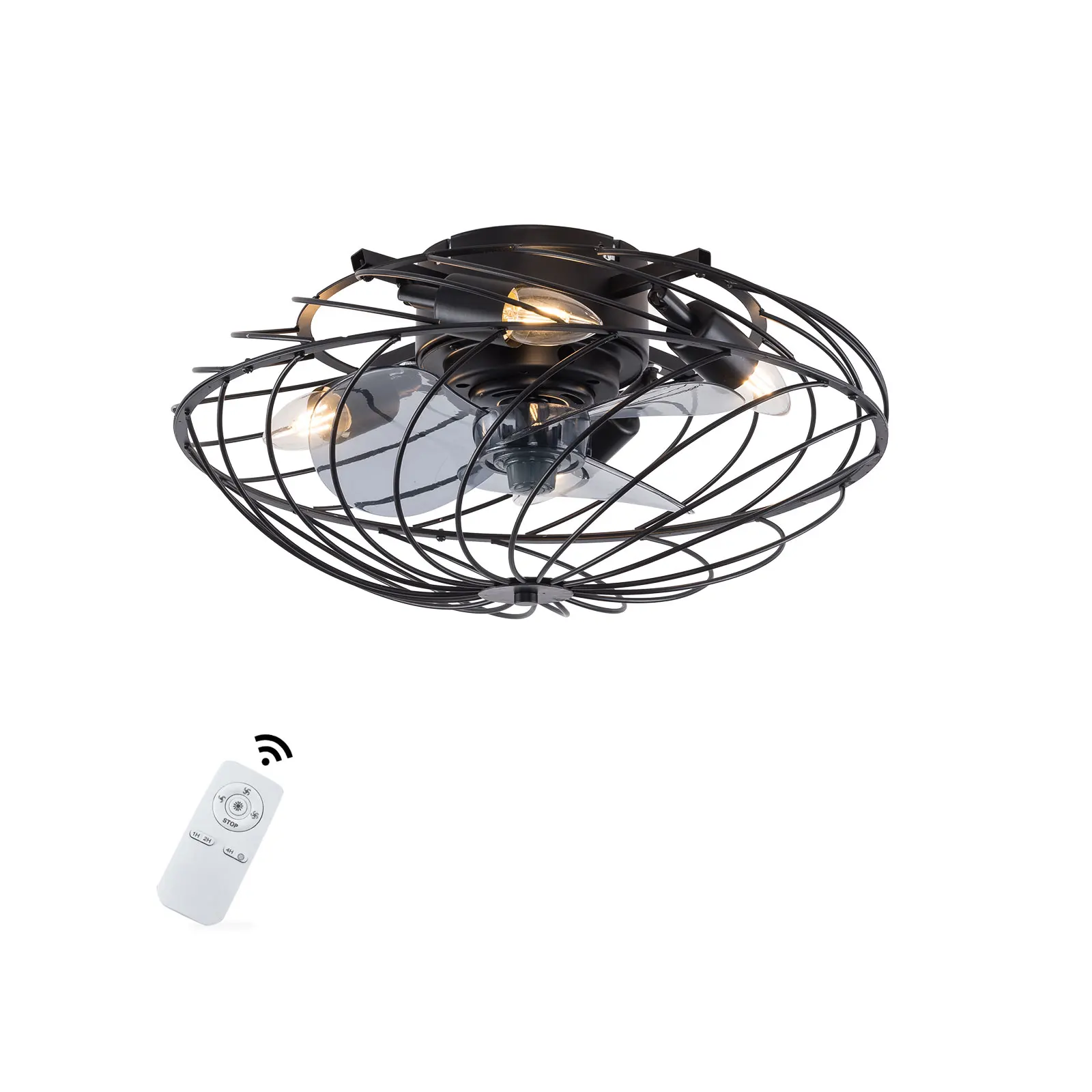 Industrial Ceiling Fan With Light LED Cage Lamp Home Decor 18