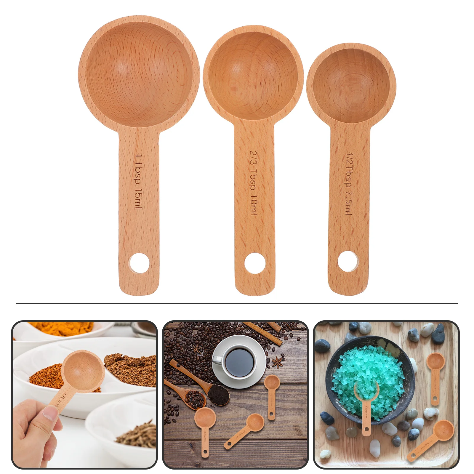 

3pcs Wooden Measuring Scoop Set Birch Wood Coffee Scoop For Ground Coffee Tea Sugar Spice Milk Powder Baking Cooking Kitchen