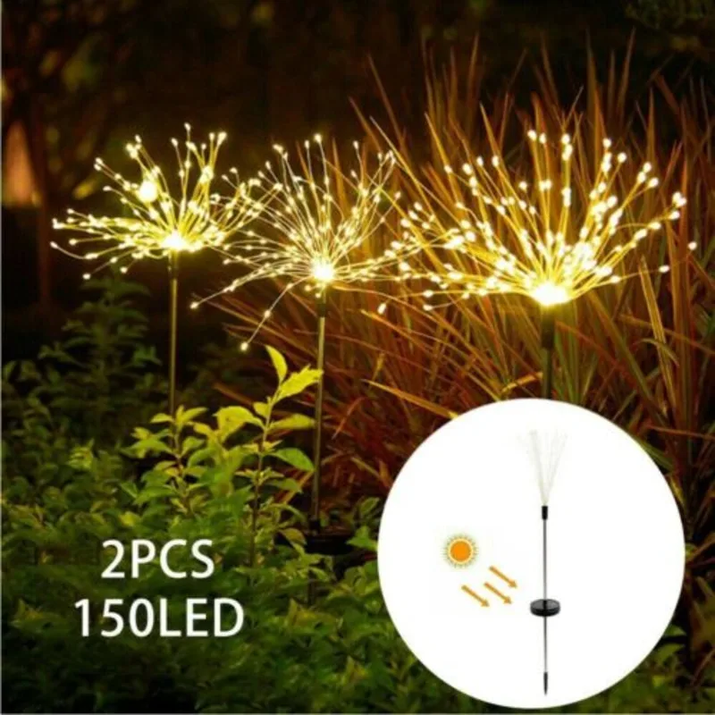 2X Solar Power 150LED Firework Garden Path Light Starburst Stake Outdoor Lamp UK