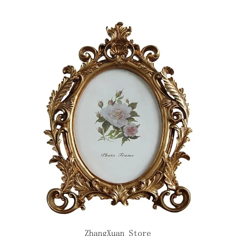 Old Fashioned Oval Picture Frame Resin Golden Flowers Photo Display Home Decors 3XUF – Detail 5