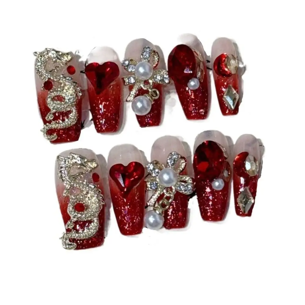 Guias de cola para unhas, remendos de unhas falsas de luxo, amor, coração, pérola 3d, unhas falsas destacáveis, adesivos de unhas vermelhos festivos