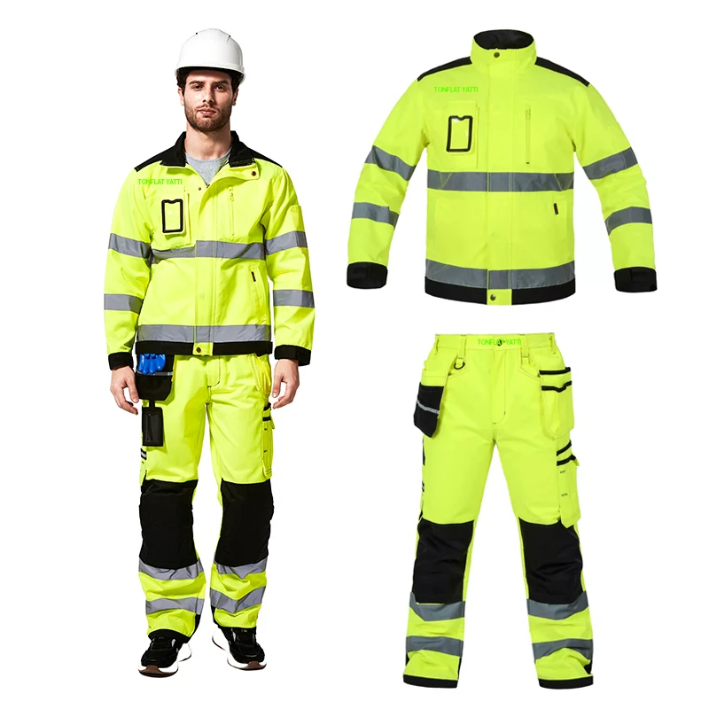 

Working Suit for Men Electrician with Reflector Reflective Jacket for Work and Hi Vis Cargo Pants with Knee Pads