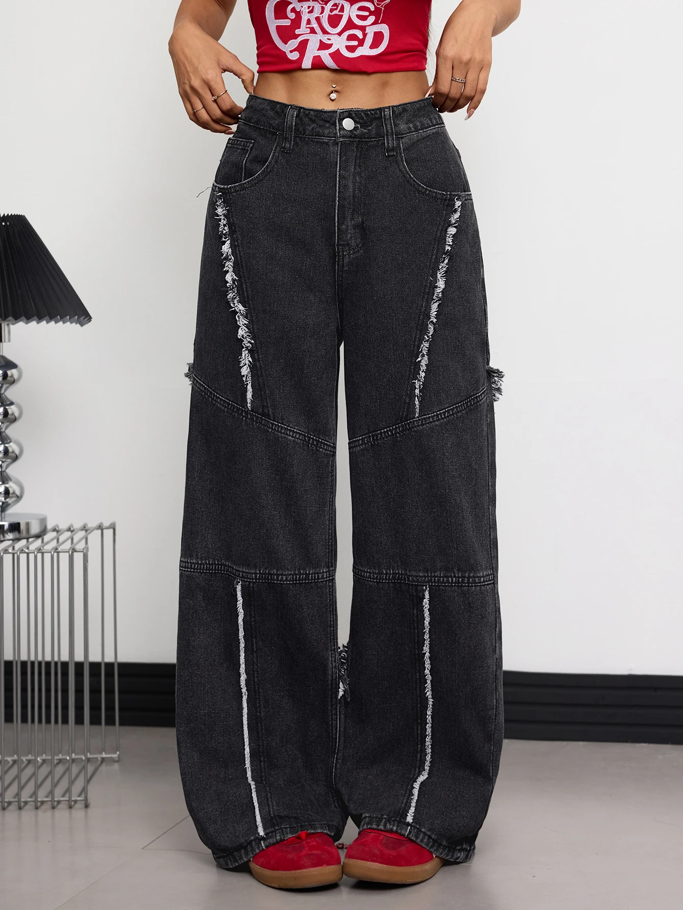 Western Women Dark Deconstruction Street Wide Leg Jeans Extra Long Floor Diagonal Fringe Spliced Vintage Washed Denim Pants