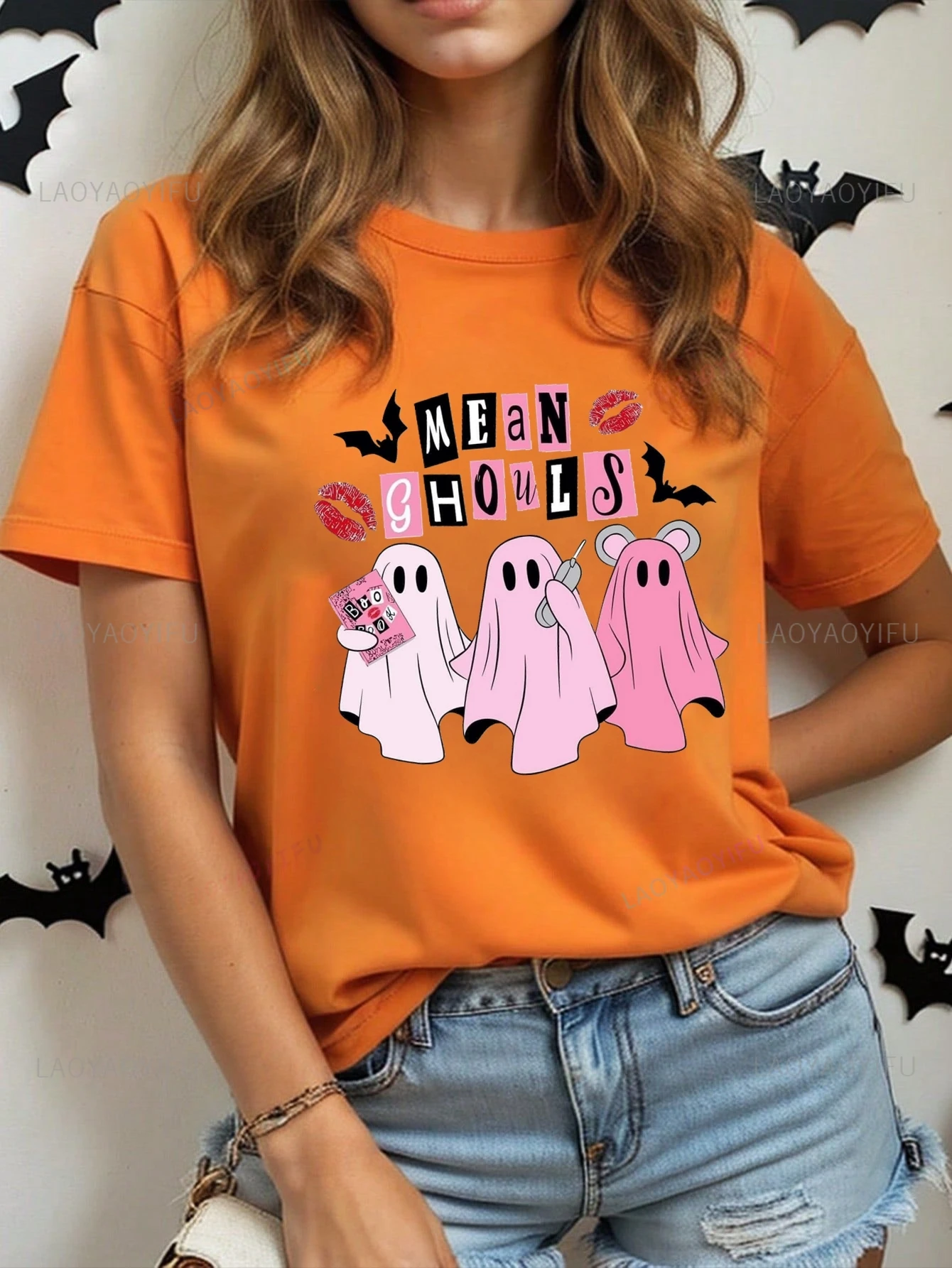 

MEAN GHOULS, стильная женская рубашка для вечеринки в честь Хэллоуина, повседневная повседневная уличная одежда, женская хлопковая футболка с коротким рукавом с 0-образным вырезом