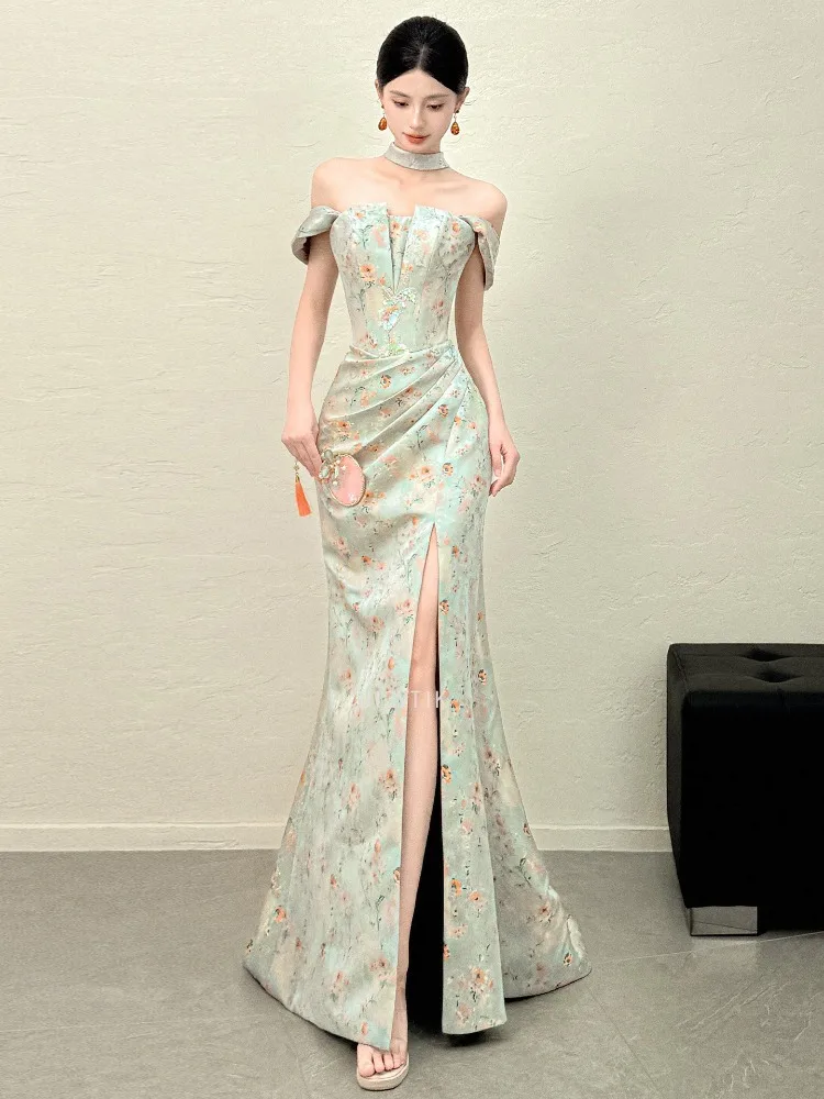 Elegancka sukienka wieczorowa z odkrytymi ramionami, w kwiaty, damska, syrenka, do ziemi, sukienki celebrytek, szyte na miarę, luksusowe, długie sukienki na studniówkę