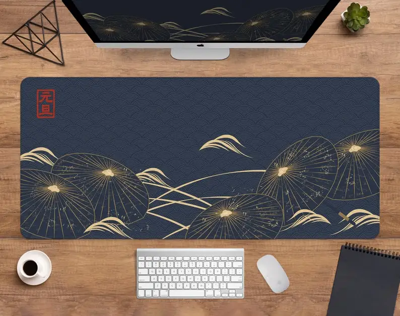Japanese-style Large Mouse Pad, Blue and Gold Wave Gray and Black Seal, Minimalist Japanese Eastern Art,XXL Gaming Table Mat.