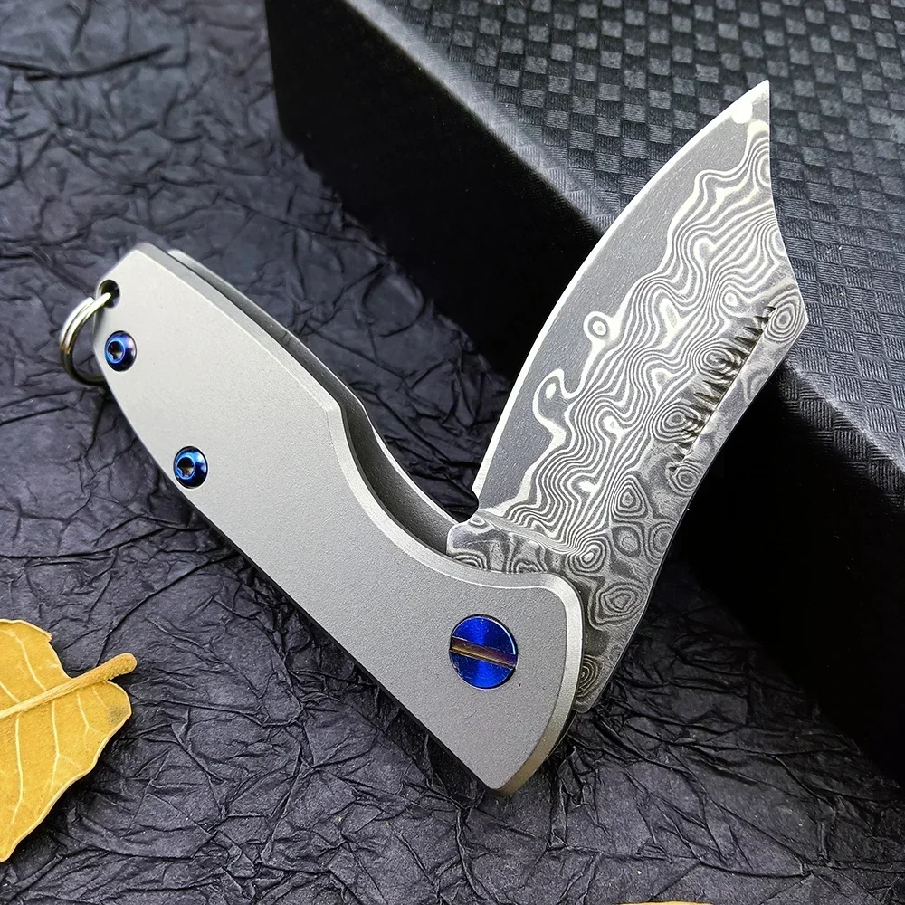 EDC Pocket Damascus Steel Knife Titanium Alloy Handle Camping Folding Knife Cutting Tools Outdoor Flipper Knives Sharp Razor