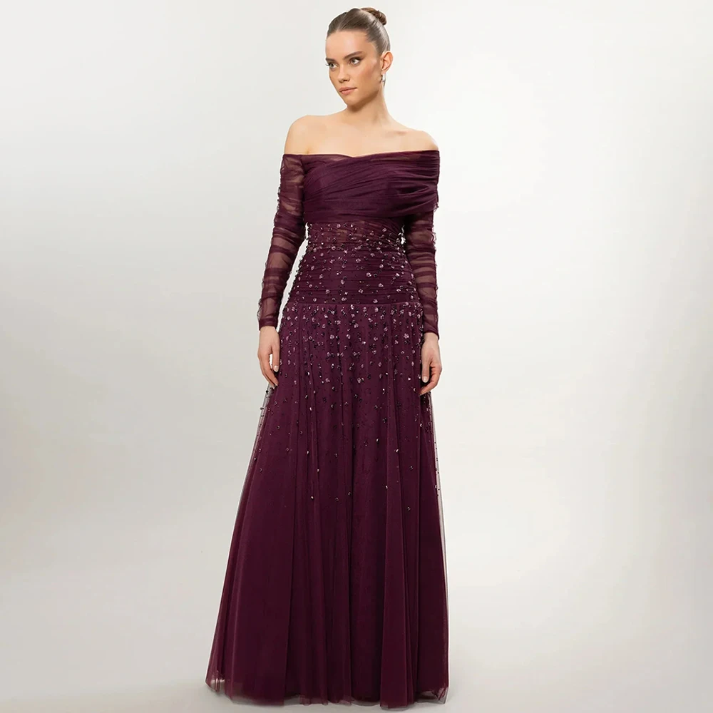 Customized Evening Dress Fashion Boat Neck Long Sleeves Top See Through Ruched Beading Sequined Tulle Arab Prom Gown