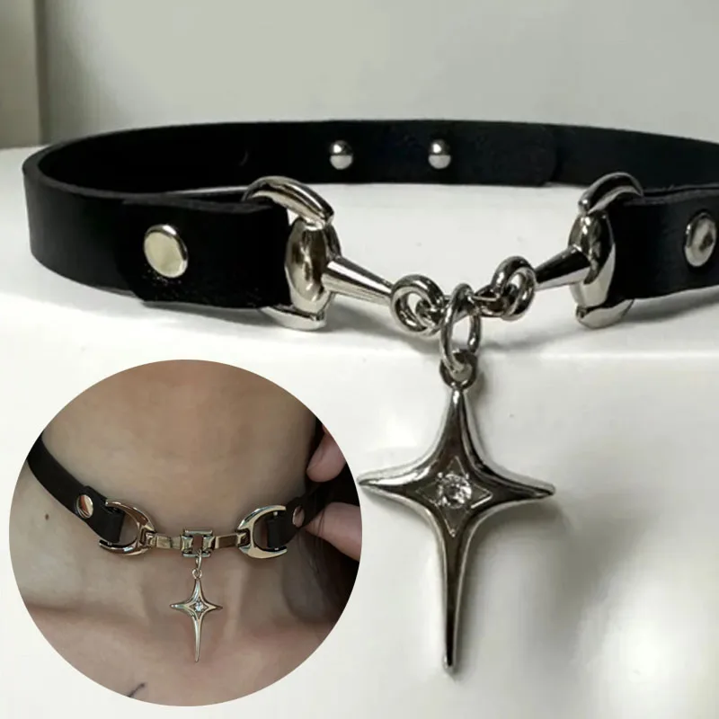Gargantilla gótica con colgante de estrella y cruz para mujer, cadena Punk picante a la moda Y2K, Collar de cuero Vintage, Gargantilla con cadena