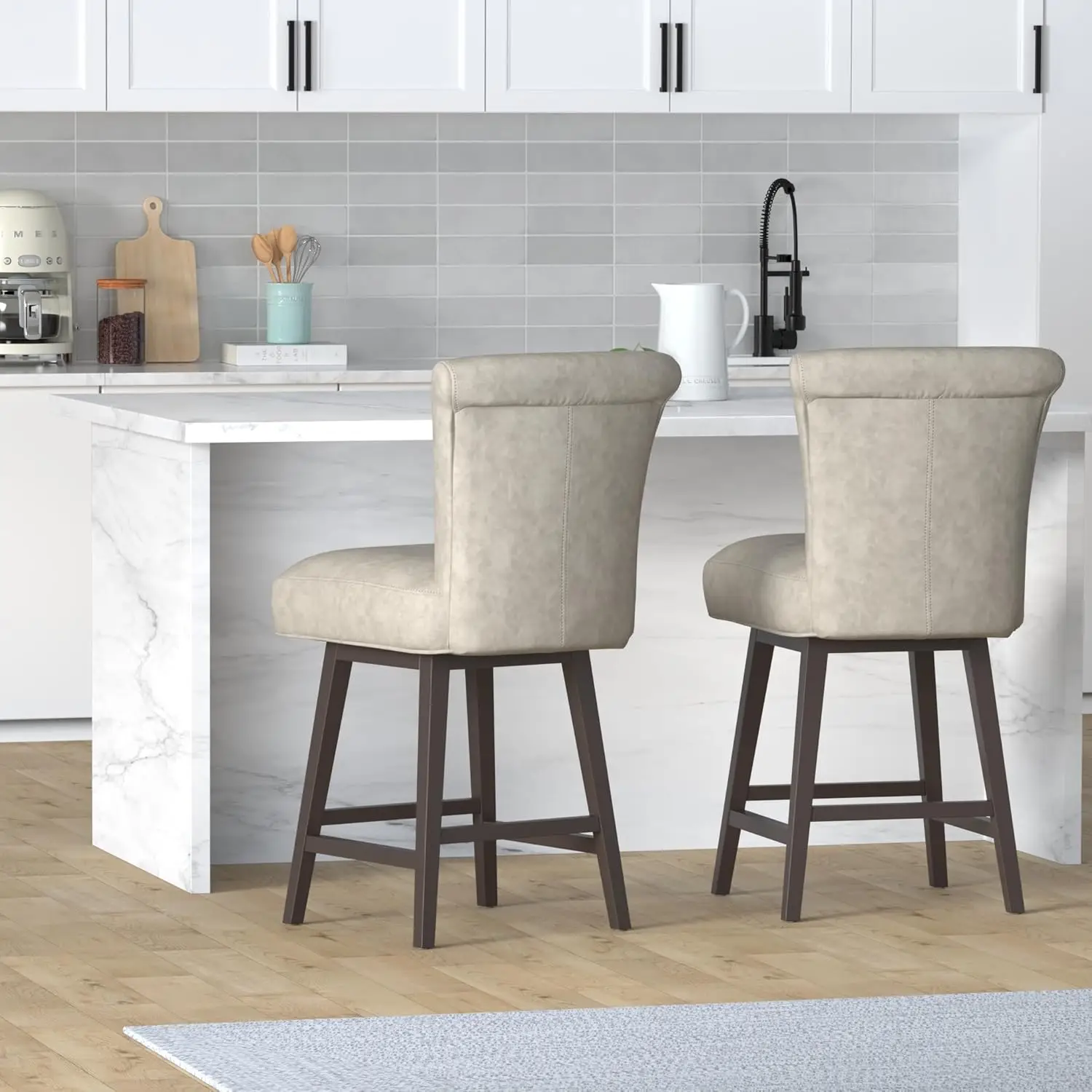 26 Inch Counter Height Swivel Bar Stools Set of 2, FSC Certified Modern Upholstered Faux Leather Swivel Barstool  ，Stone Grey