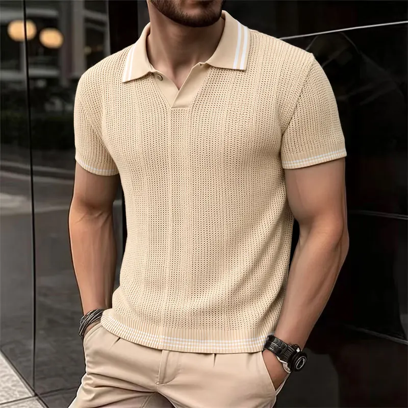 Summefashion Patchwork-Strick-Poloshirts für Herren, Business-Casual, Umlegekragen, Strick-Polos, Vintage-Kurzarm-T-Shirts, Oberteile