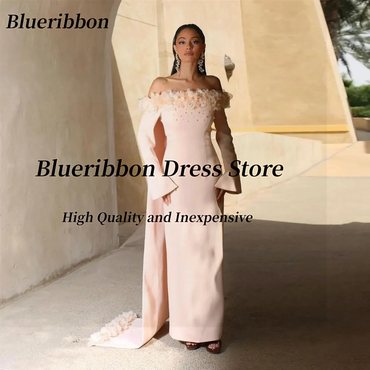 Blueribbon Elegant Boat Neck Evening Dresses Customized Bead Flowers Shawls Prom Dress Saudi Party Long Sleeves Vestidos De Noch