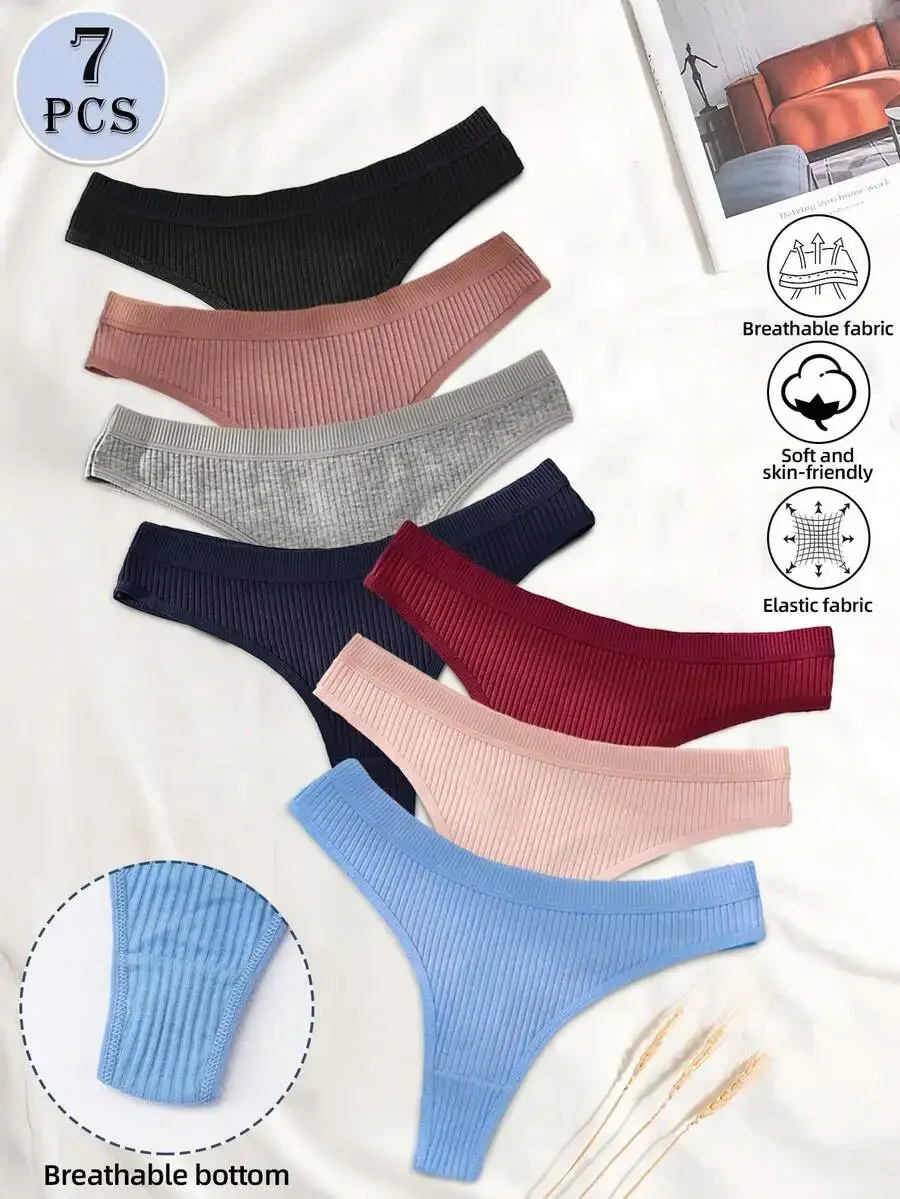 

7pcs Seamless Low Waist Ribbed Panties For Women Comfortable Breathable Yoga Briefs Thongs