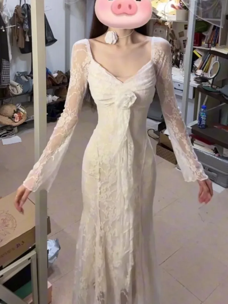 2025 New Summer Rose Ribbon V-neck Dresses Women Fashion Sexy  Lace Slim Fit Bodycon White Dress Women Clothing