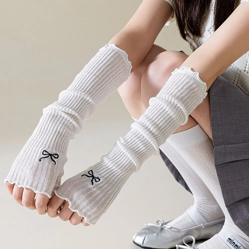 Y2K Embroidered Bow Lolita Lace Gloves Elastic Warm Arms Fingerless Mittens Japanese UV Protection Gloves Cosplay Accessories