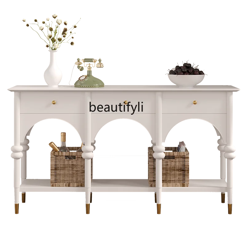 

French Solid Wood Entrance Cabinet Hallway Decorative Console Tables White Balcony Locker Cabinet