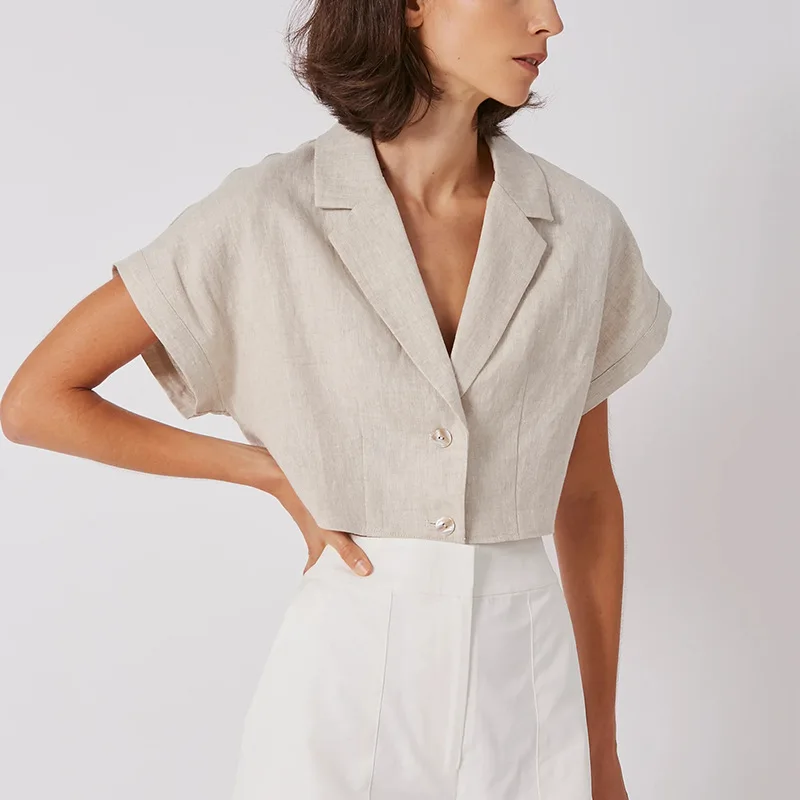 100% Linen Women\'S Shirt Vintage Notched Collar Short Sleeve Button Up Shirts Elegant Fashion Woman Blouses 2024 Blusas Feminina