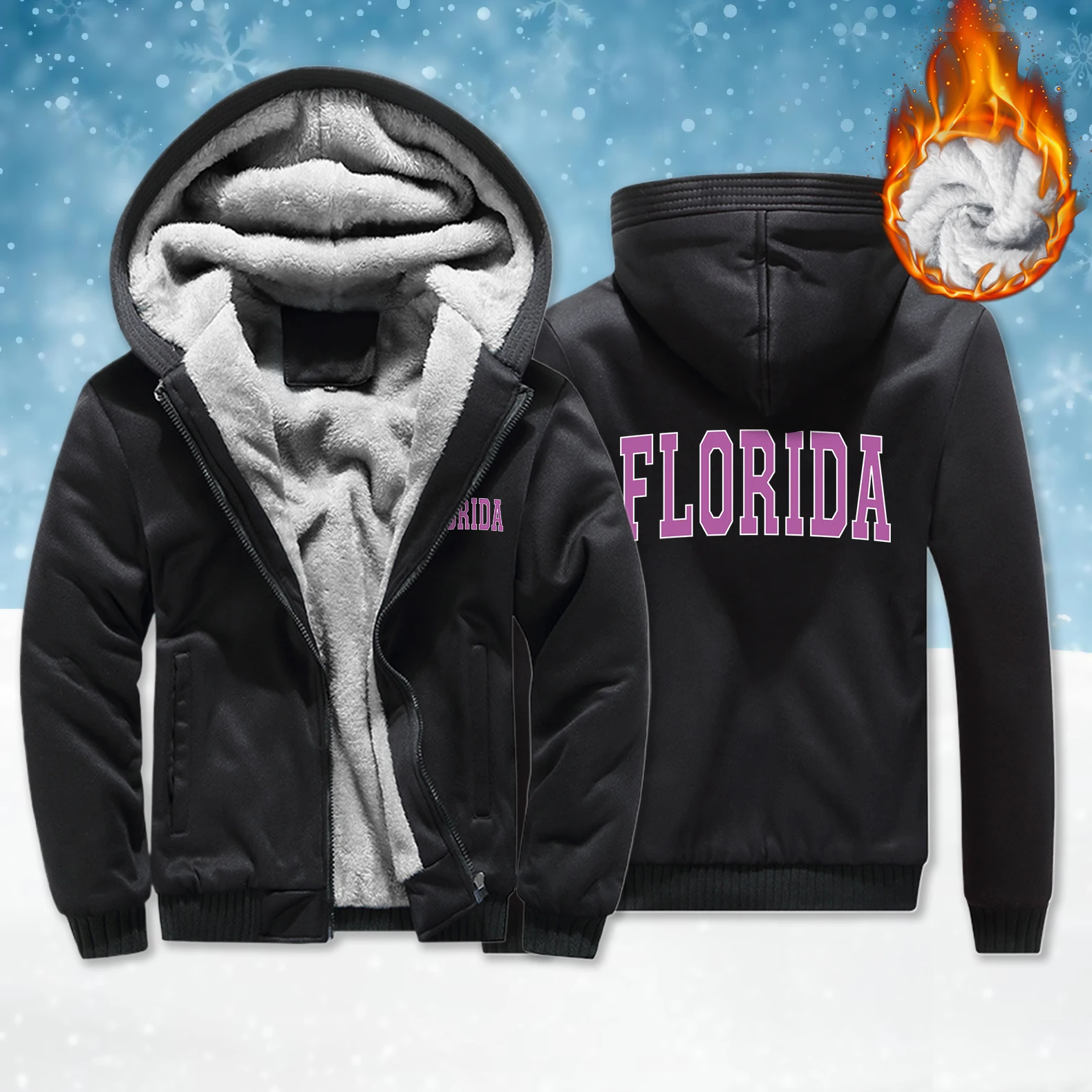 

Florida Pink Letter Print Man Zipper Thicken Coat Winter Fleece Clothing Casual Fashion Hoodies Unisex Loose Retro Long Sleeve