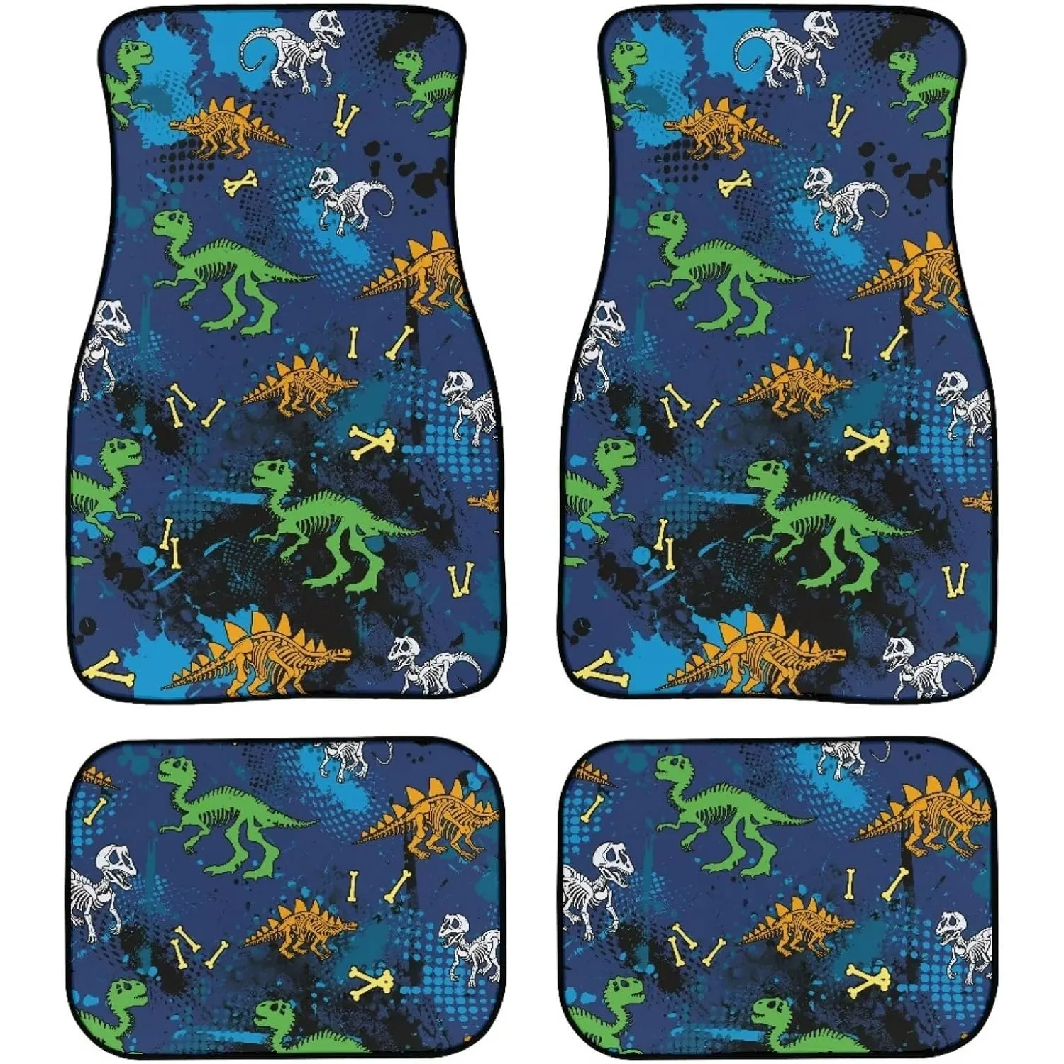 Set Of 4 Adorable Dinosaur Skeleton Floor Mats For Vehicles, Featuring Backing And Designed To Fit Both Front And Rear
