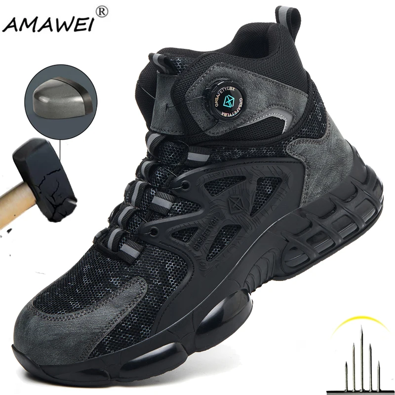Rotary Buckle Men's Work Shoes Steel Toe Anti-Puncture Anti-smash Boots Slip Light Weight Safety Shoes Construction Work Shoes