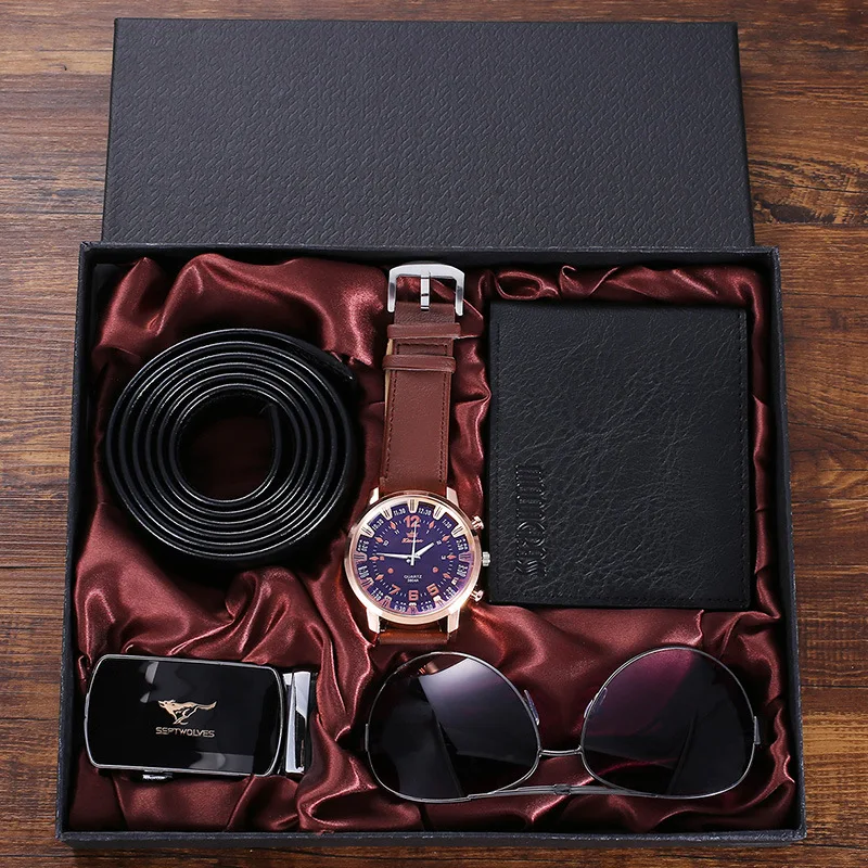 2024 4pcs/set Men\'s Gift Set New Fashion Business Watch Men Glasses Leather Belt Wallet Set Gift Box for Men Gifts Drop Shipping