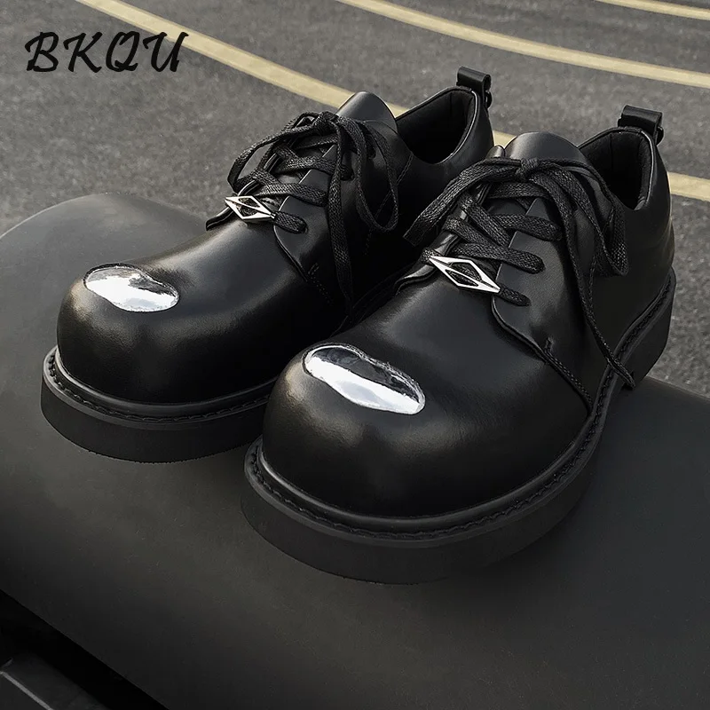 BKQU Original Niche Senior Sense Big Head Derby Shoes 2024 New Autumn Leisure Thick Sole Increase Commuter Black Men's Shoes