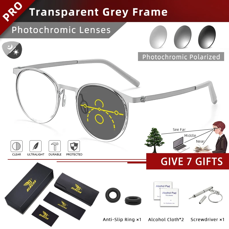 BLMUSA Vintage Round Optical Frame Anti Blue Light Reading Glasses for Men Ultralight Titanium Progressive Photochromic Glasses