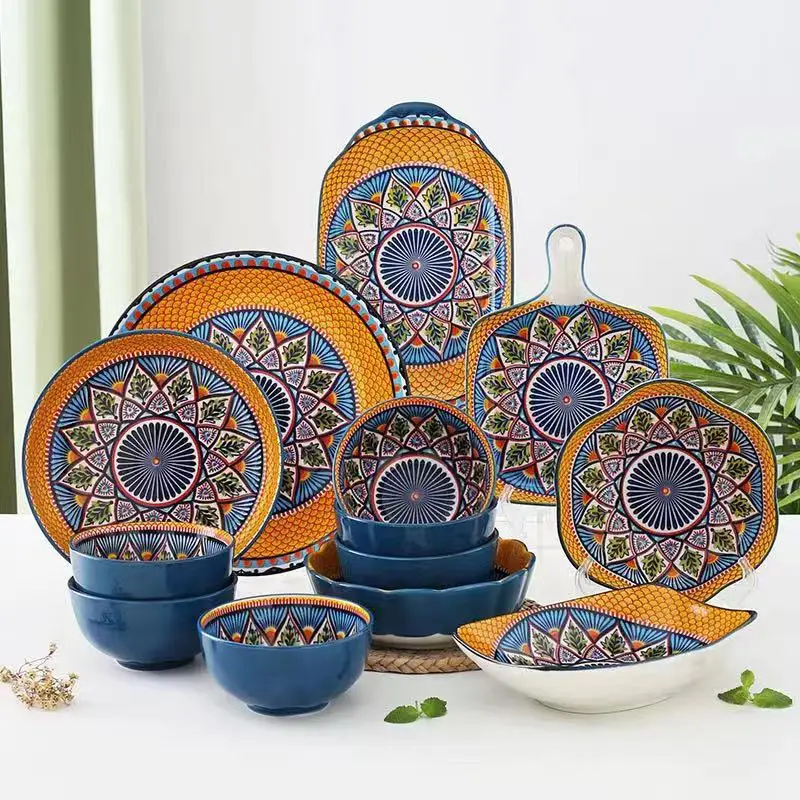 Japanese-style ceramic household hand-painted flower underglaze color creative color 16-head dish plate gift box set