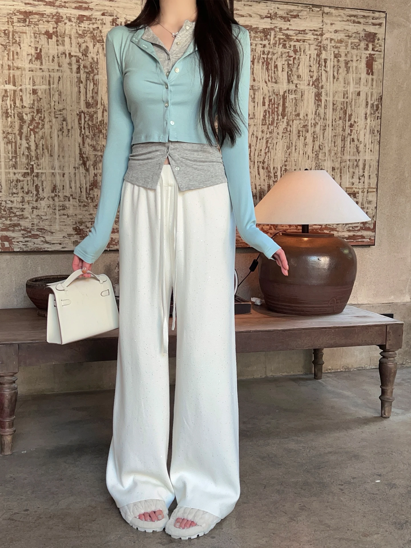 

Новые осенние белые прямые вязаные брюки FairyJiang для женщин, повседневные, с завязками, в пол, для отдыха