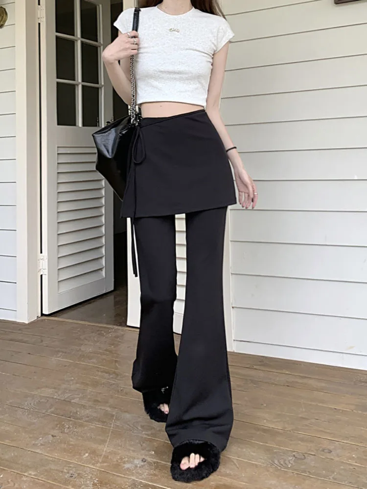 Chic Women Pants Fake Two Piece Patchwork High Waist Slim Flare Pants Black Streetwear Female Fashion Long Trouser