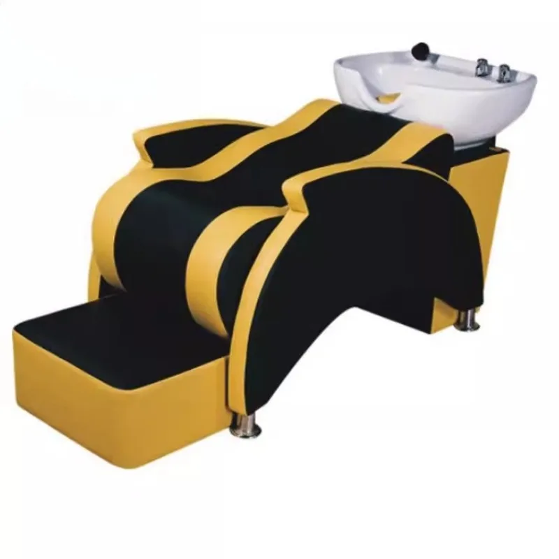 

Gold leather waterproof fiberglass with foot pedal half lying shampoo bed