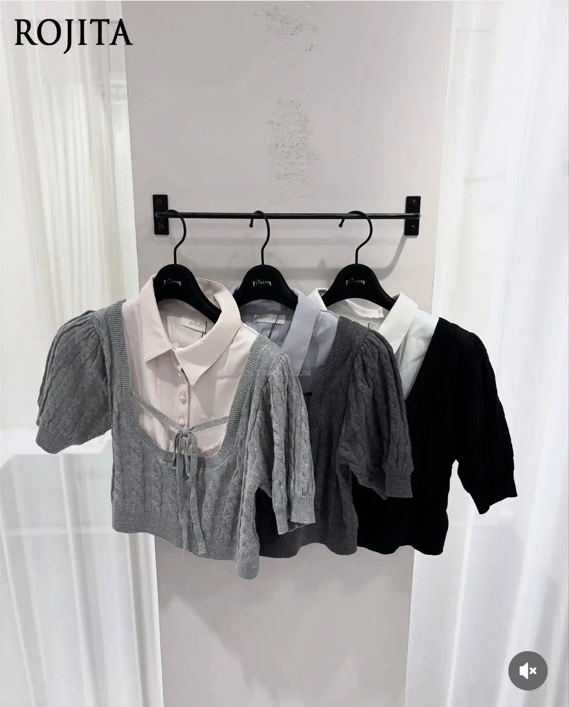 College Style Puff Sleeve Knit Crop Top Shirt Collar Knitted T-shirt Sweet Girls Lapel Fake Two Piece Knitted Blouse