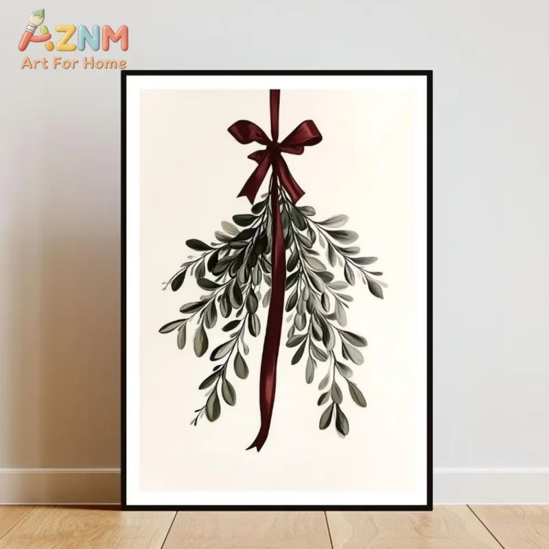 Christmas Mistletoe Bow Canvas Wall Art Winter Botanical Leaf Print Festive Holiday Wall Home Decor Unframed Canvas Poster