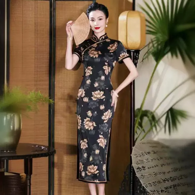 High-End Quality Real Silk Cheongsam Qipao Women's Summer Retro Improved Dress Chinese Chi-Pao